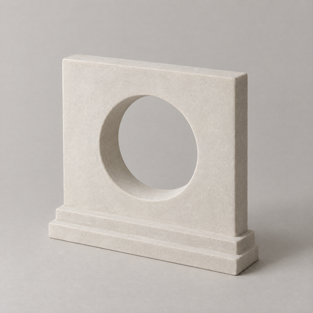 Moon Gate in chalk white, cast mineral composite, studio photograph