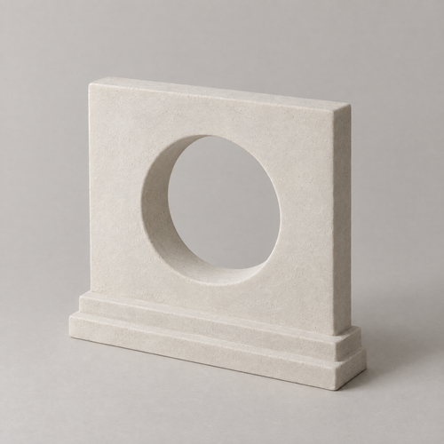 Moon Gate in chalk white, cast mineral composite, studio photograph